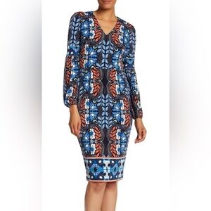 Maggy London 152324 Women's Folklore Print Dress V-neck Long Sleeves Sz. 2 US